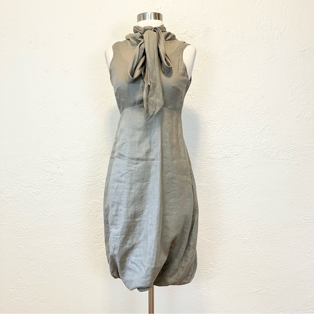 Sarah Pacini Dress Linen Beige Gray Tie Neck 0 XS Extra Small